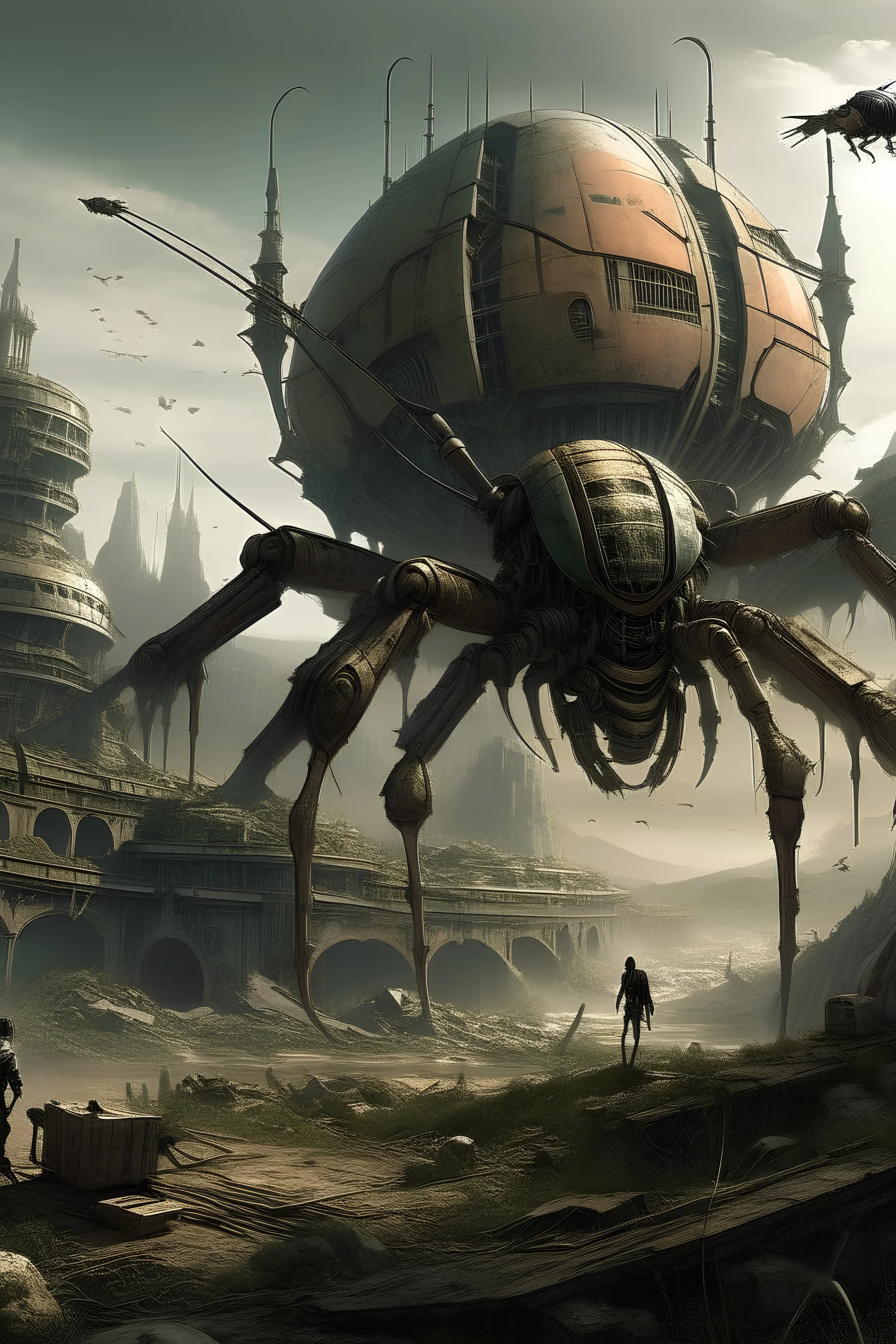 ruins of an alien city defended by a giant cyborg insect