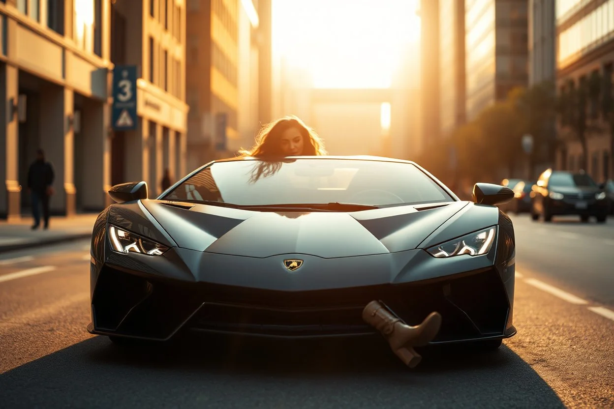Create an ultra-realistic cinematic 8K fullbody of lady mode skin texture, add makeup,pretty boots,curvy long hair. Style: fashion editorial, confident is driving a Lamborghini SC20 in streets of a modern city. Lighting: warm golden hour sunlight, soft rim light. Camera look,camera capture full Lamborghini SC20: shallow depth of field, film grain, cinematic color grade.