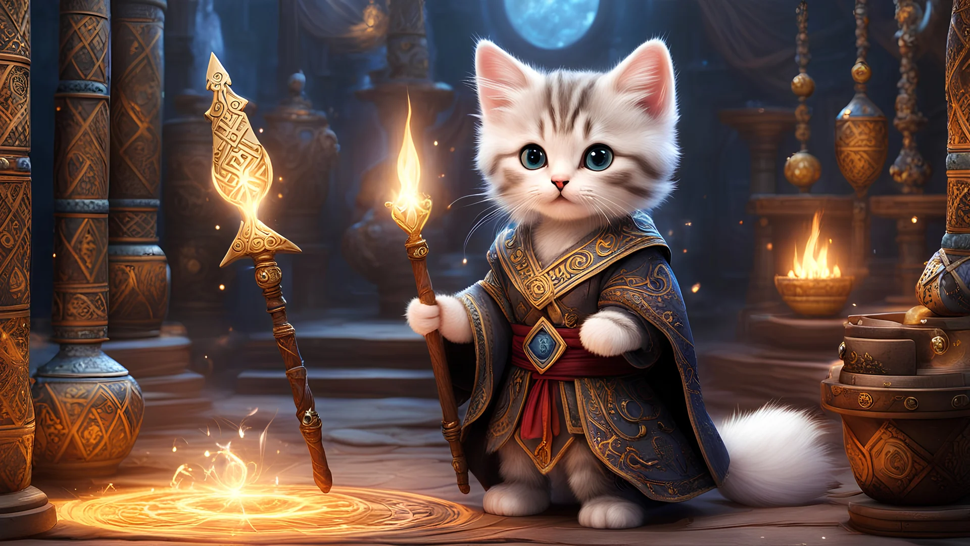 An enchanting image featuring an adorable kitten mage wearing intricate ancient robes, holding an ancient staff, hard at work in her fantastical workshop, intricate runic symbols swirling around her, it's clear that she's busy casting a powerful spell. Her fluffy tail sways gently as she concentrates on the task at hand, adding to the whimsical atmosphere of this magical scene. The soft lighting and detailed surroundings create an immersive environment where imagination runs wild.