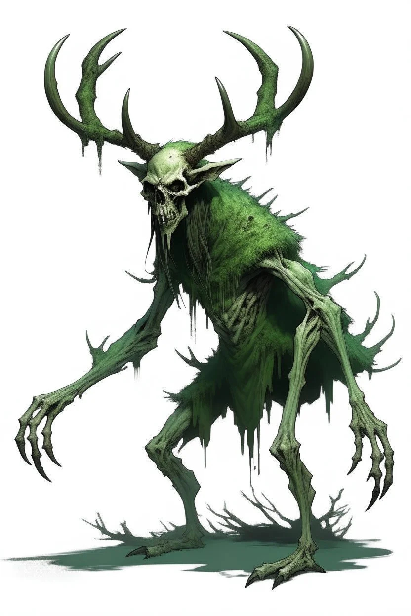 wendigo green fur slightly hunched over with deer skull covering head and face, fingers ending in claws with long arms reaching knees, eyes that are sunken back, full body image