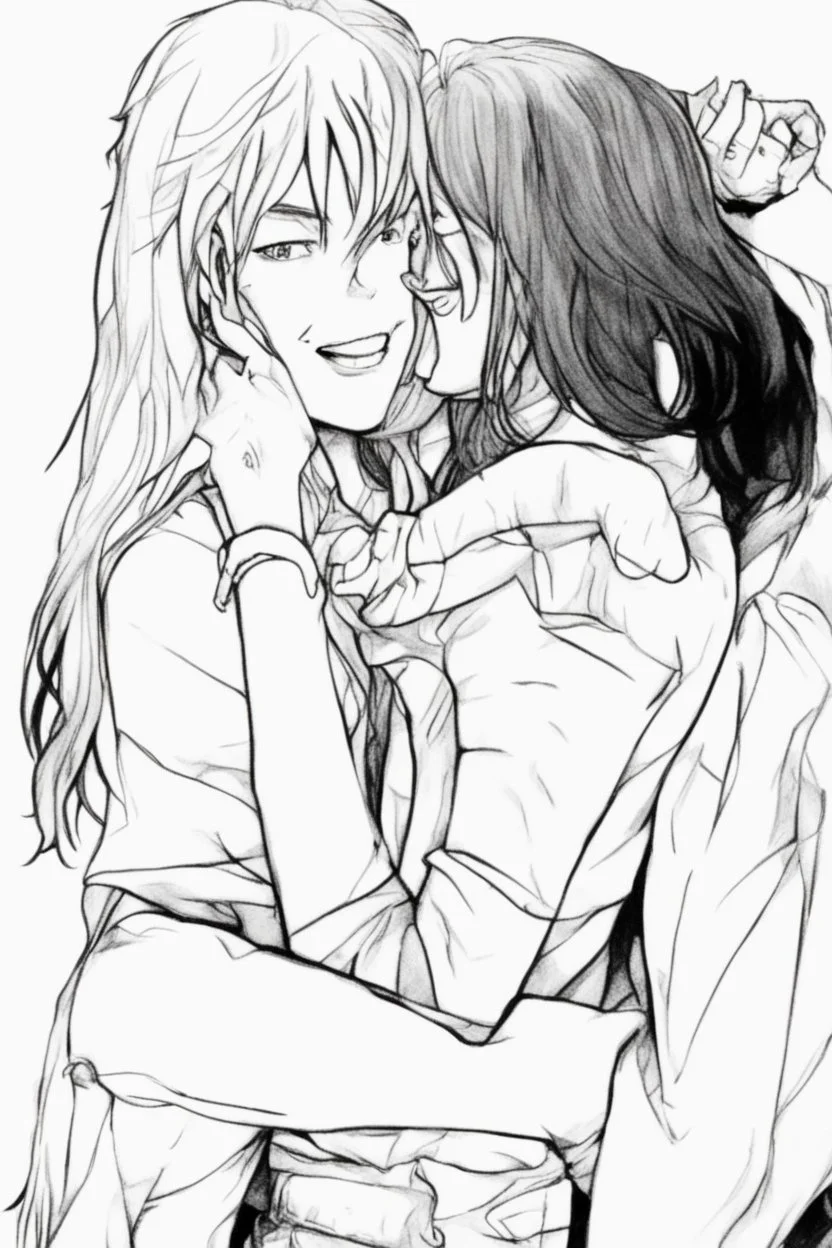 Dnd style, Young man hugging a woman with long hair from behind