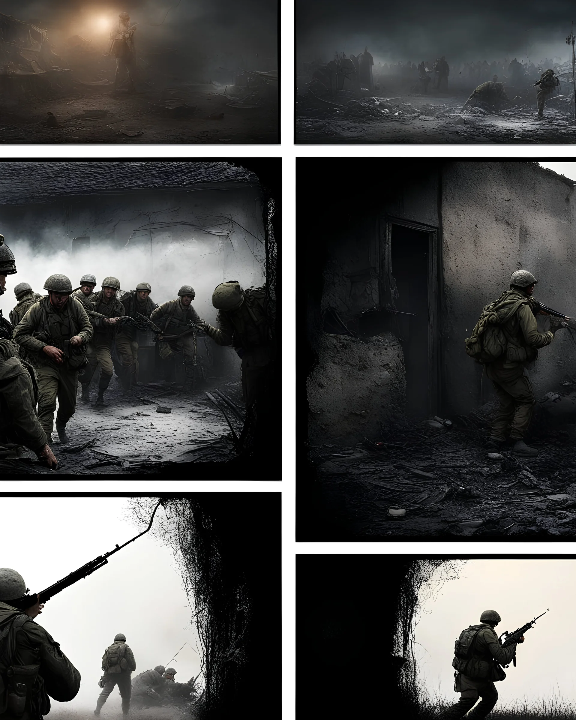Masterpiece1:5)(Fineart), (award-winning:1.5), highest quality, (ultra realism:1.5) war journalism(,(by Tim Page and Hoorst Faas:1.5)),(Eastern Ukraine:(panel one:the moment after a battle ends, horrors of war, wounded men),(2nd panel, cinematic shot of men sitting in trench with 1000 yard stare (focus on their eyes:1.5)),(the third panel shows troops tired but hyper alert), (the fourth panel shows the sky is filled with incessant, fire and smoke everywhere,)