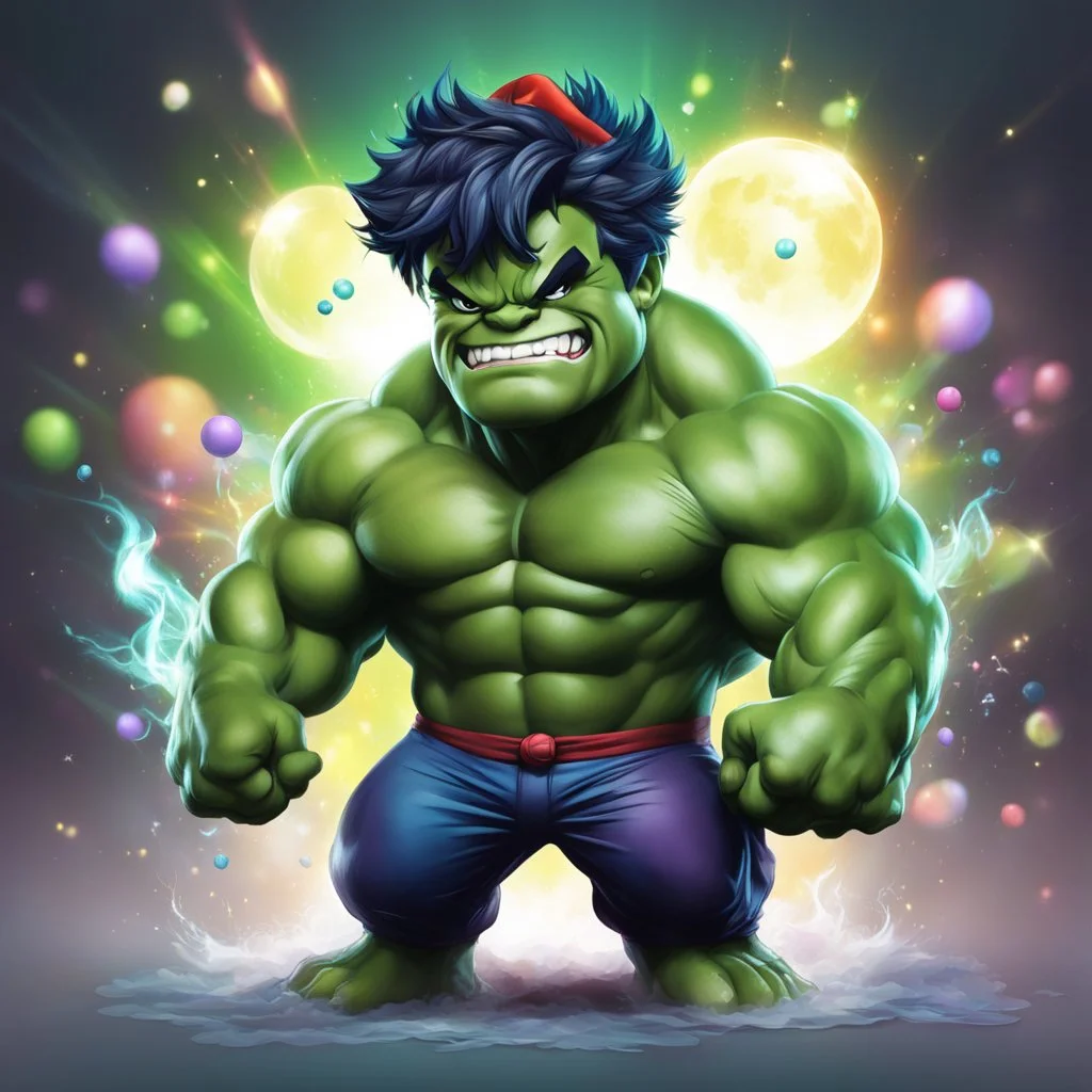 chibi cute caricature of Hulk as a 2024's clown, surrounded by will-o'-the-wisp, elegant, close wiew, dynamic pose, photorealistic rendering --ar 2:3 --stylize 500 --v 6