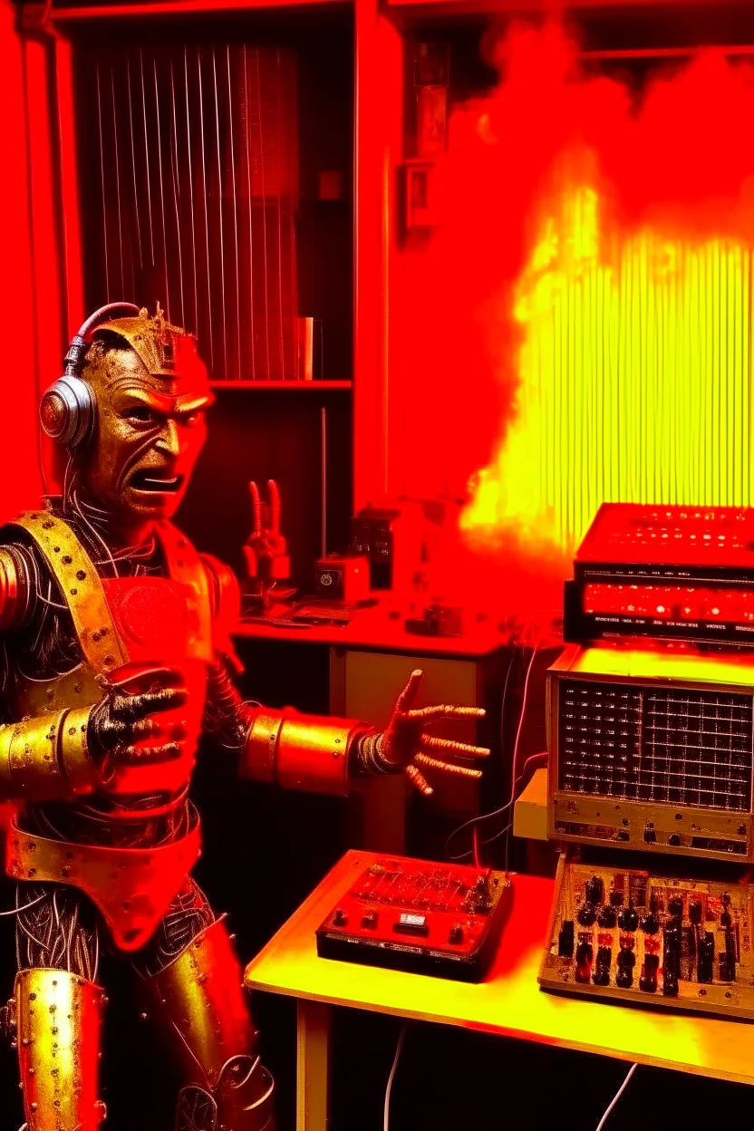 Fire starts in a radio studio, there are two characters, a metal fan radio host who continues the show, the robot sets fire, iron maiden style.