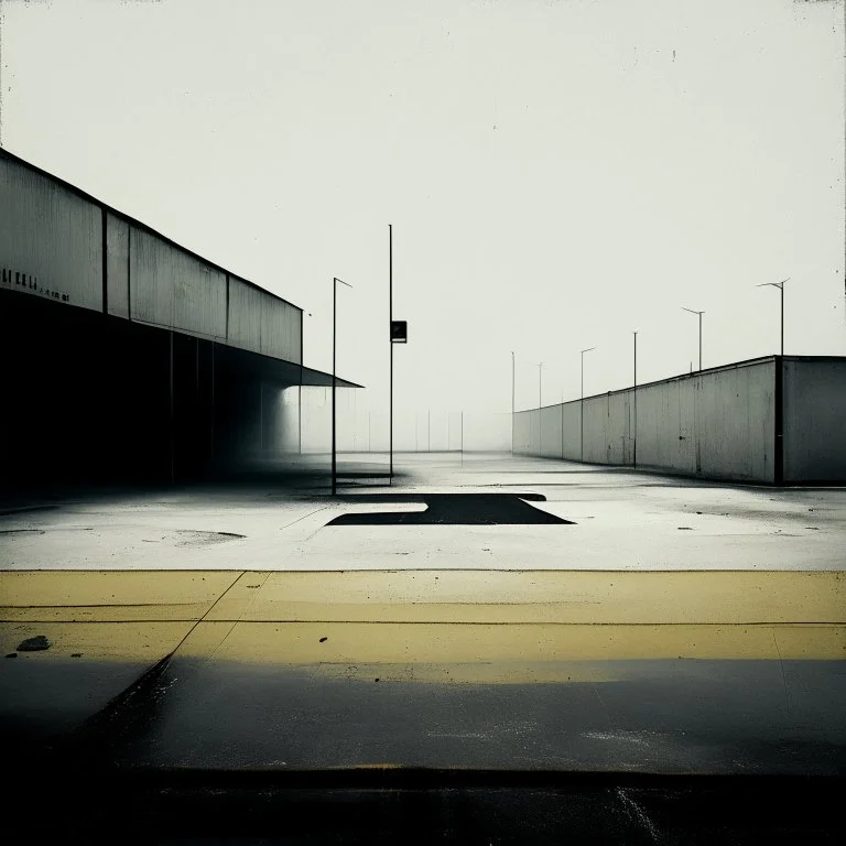 Minimal contemporary abstract oil paintings of desolate 1960s carpark with road markings and concrete fragments. Overlay with grungy typography graphics. style of Justin Mortimer and Francis Bacon.