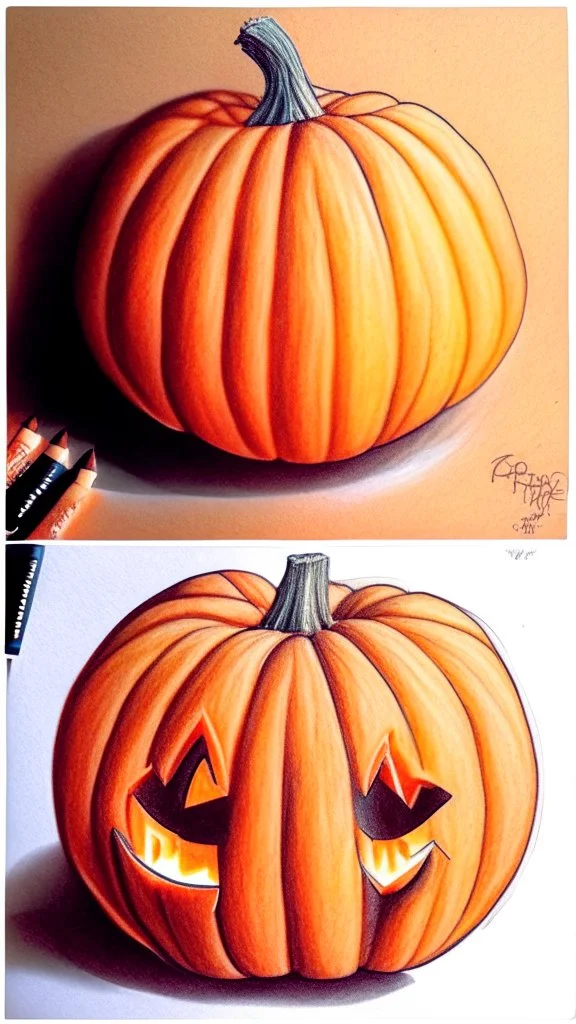 Step by step pumpkin drawing, colored pencils
