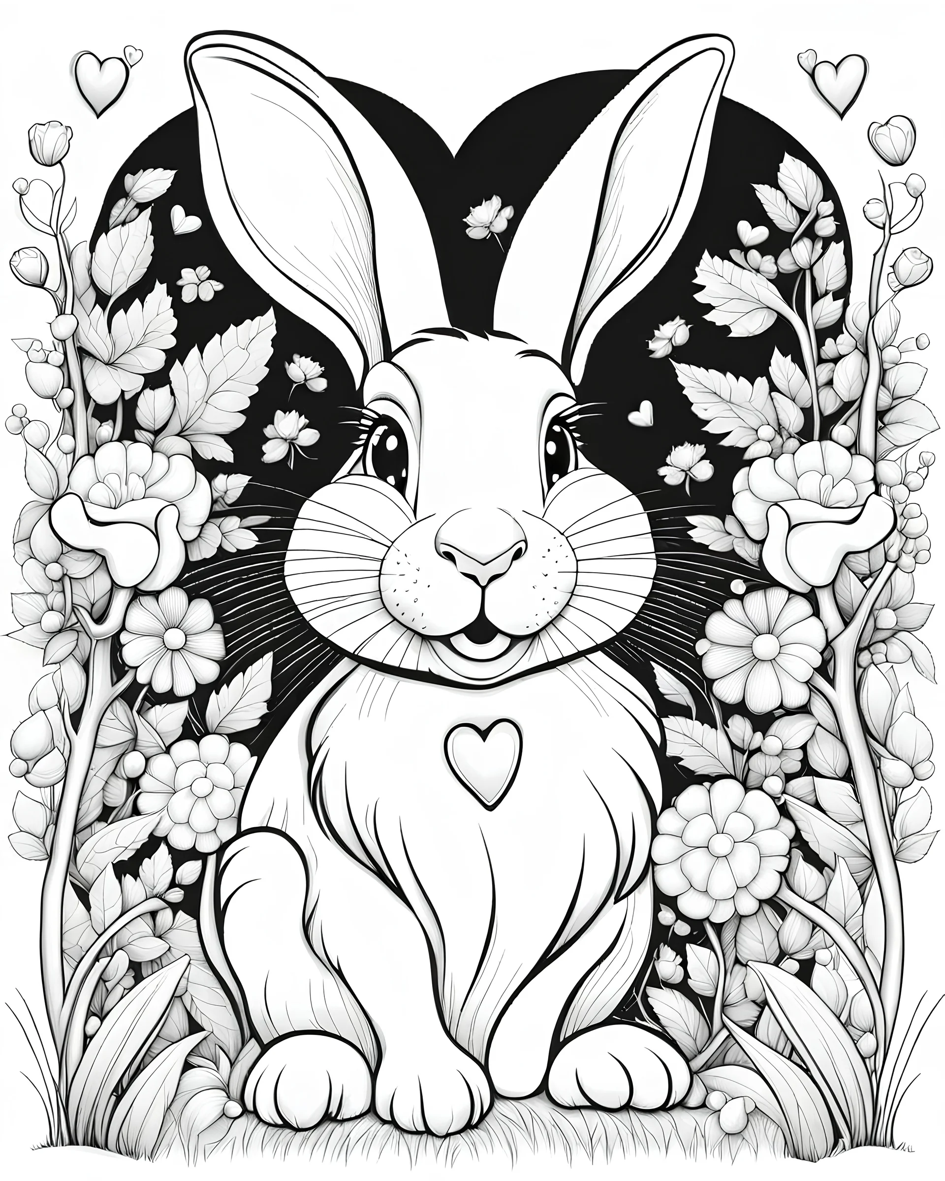 B/W outline art,coloring book page, full white, super detailed illustration for adult, "Silly rabbit down in love: his eyes glow when he sees the one he loves", crisp line, line art, high resolution,cartoon style, smooth, low details, no shading, no fill, white background, clean line art,low background details, Sketch style.