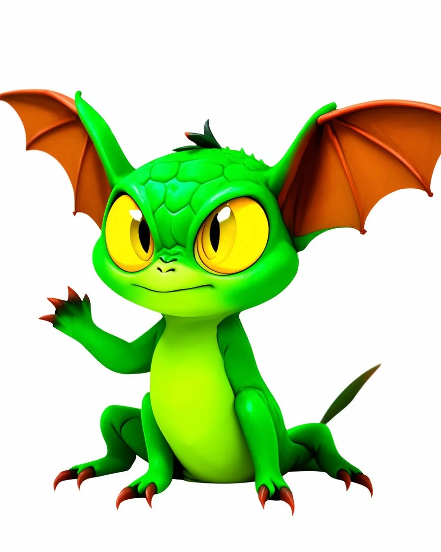 Flux P: a small gremlin, with large expressive yellow eyes and oversized ears that resemble bat wings. The creature has a vibrant green, slightly scaly skin, and a playful, mischievous expression. It sits in a dynamic pose, with a curled tail and pawed feet featuring sharp, claw-like toes. The background is minimalistic and bright white, emphasizing the creature's vivid colors. The lighting is soft and even, highlighting the detailed textures of the skin and the glossy shine of the eyes. The ove