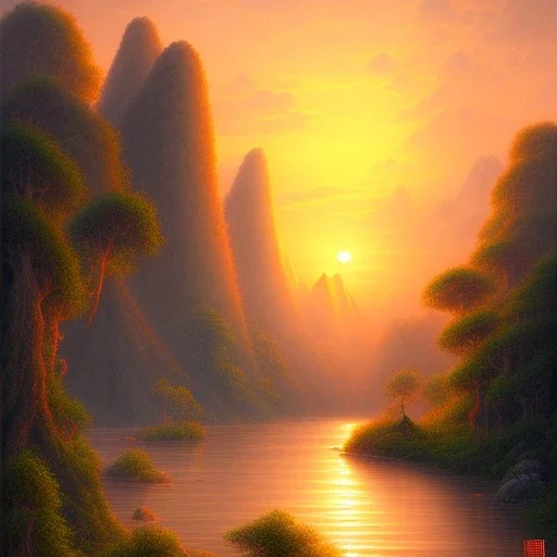 uma paisagem chinesa com rios e arvores, por do sol ao fundo, desenho a lapis, tons pastel, luz suave