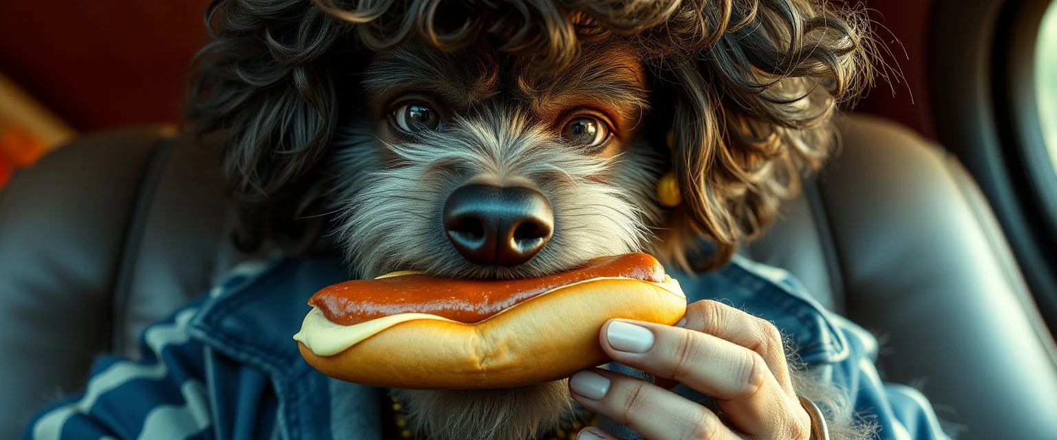 realistic pimp with fluffy hair, doing dog things and eating small hot dog in the style of fallout 4 and giger and escher