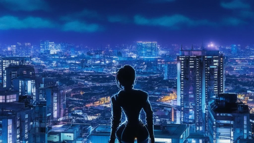 Clear Focus, High resolution, Beautiful girl standing backwards to a Cyberpunk skyline, comic style