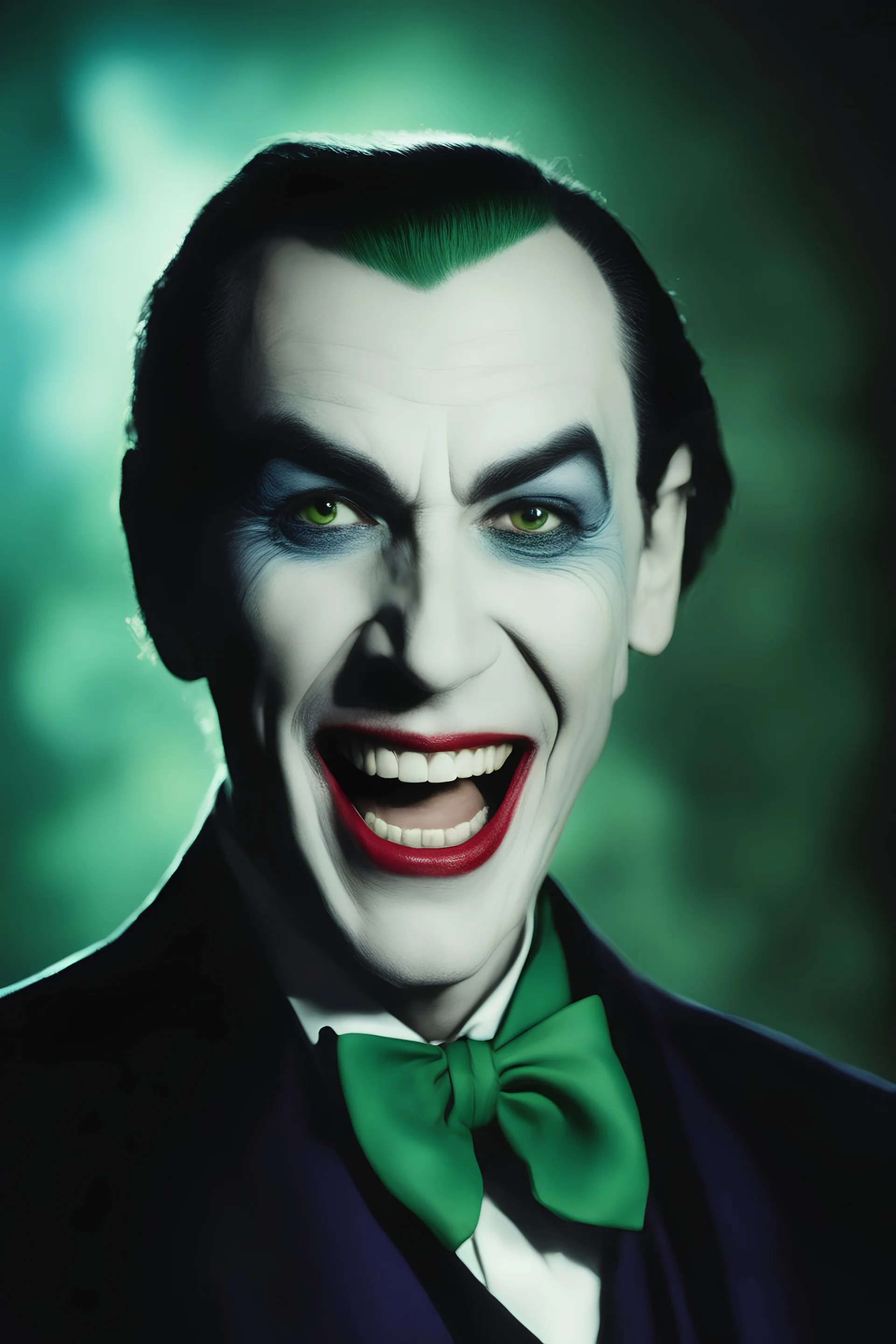 Bela Lugosi as Count Dracula the Joker, laughing, green hair - Blue eyes - full color - 32k, UHD, 1080p, 8 x 10, glossy professional quality digital photograph - dark foggy gradated background, historic, powerful, octane rendering, exquisite detail, 30 - megapixel, 4k, 85 - mm - lens, sharp - focus, intricately - detailed, long exposure time, f8, ISO 100, shutter - speed 1125, diffuse - back - lighting, ((skin details, high detailed skin texture)),