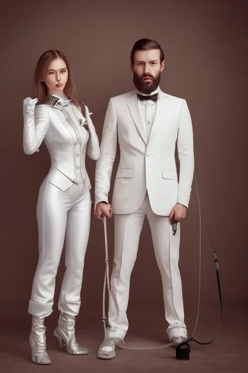 BDSM style, 8K, a Highly detailed portrait of a Dom man holding a kneeling submissive woman leash, white suit, beard, and short hair, bad boy