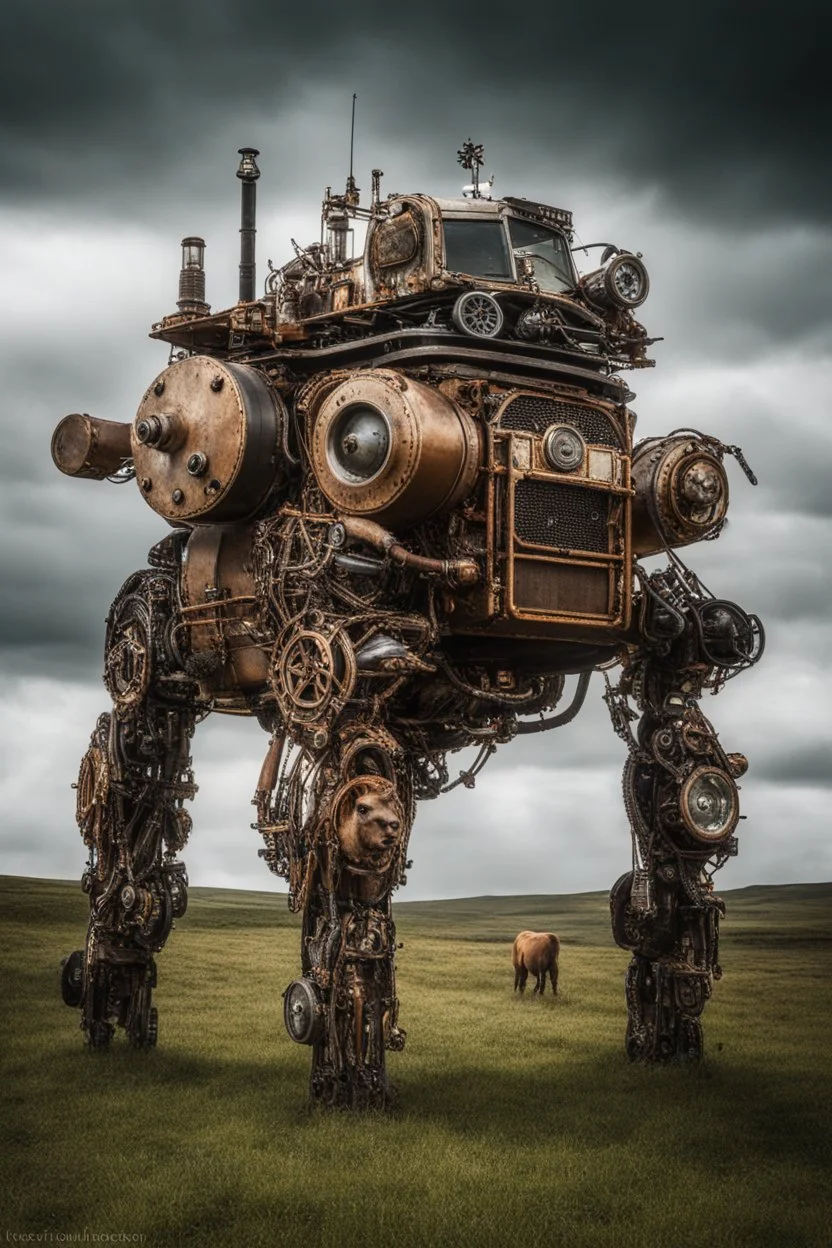 big (AUTOFARM) title at top landrover sheep steampunk robot man