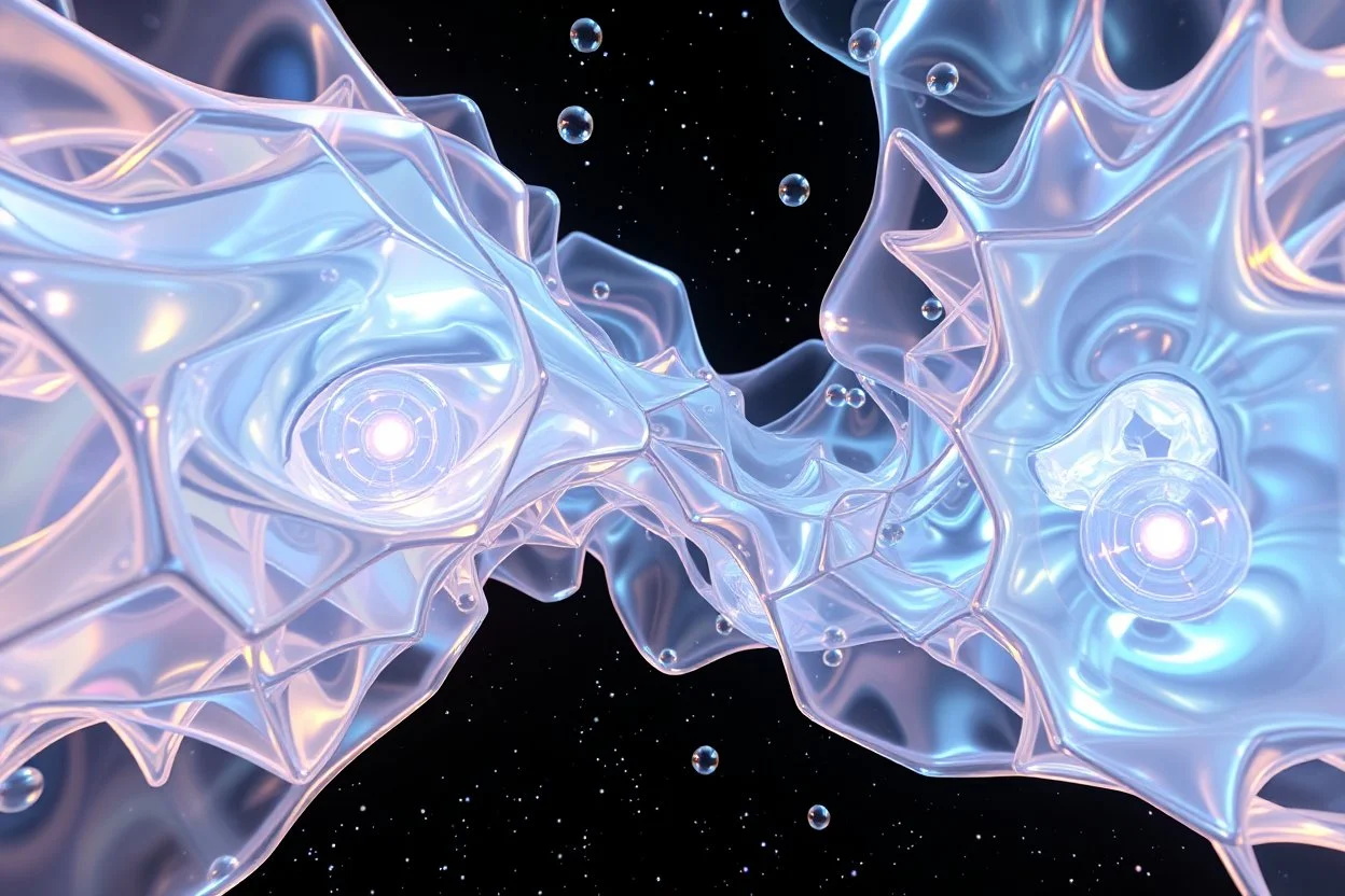 create A picture of 3d complex hypnotic fractal translucent 3D complex structures evolving and morphing, fluid geometry shifting between organic and geometric forms, iridescent glass material with internal glow and pretty bubbles inside,instances must have random translucent material smooth camera orbit, galaxy background, seamless motion, cinematic lighting, generative art style.