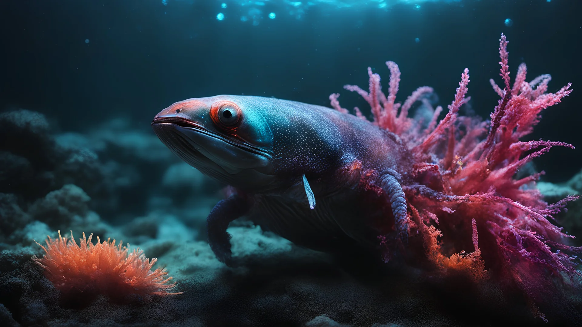 photoreal magnificent collection of neon bright glowing marine sea creatures of all colors, sizes and species in an enormously vast underground ocean, black as the night, dotted with neon glowing islands by lee jeffries, otherworldly, in the style of fantasy movies, photorealistic, shot on Hasselblad h6d-400c, zeiss prime lens, bokeh like f/0.8, tilt-shift lens 8k, high detail, smooth render, unreal engine 5, cinema 4d, HDR, dust effect, vivid colors