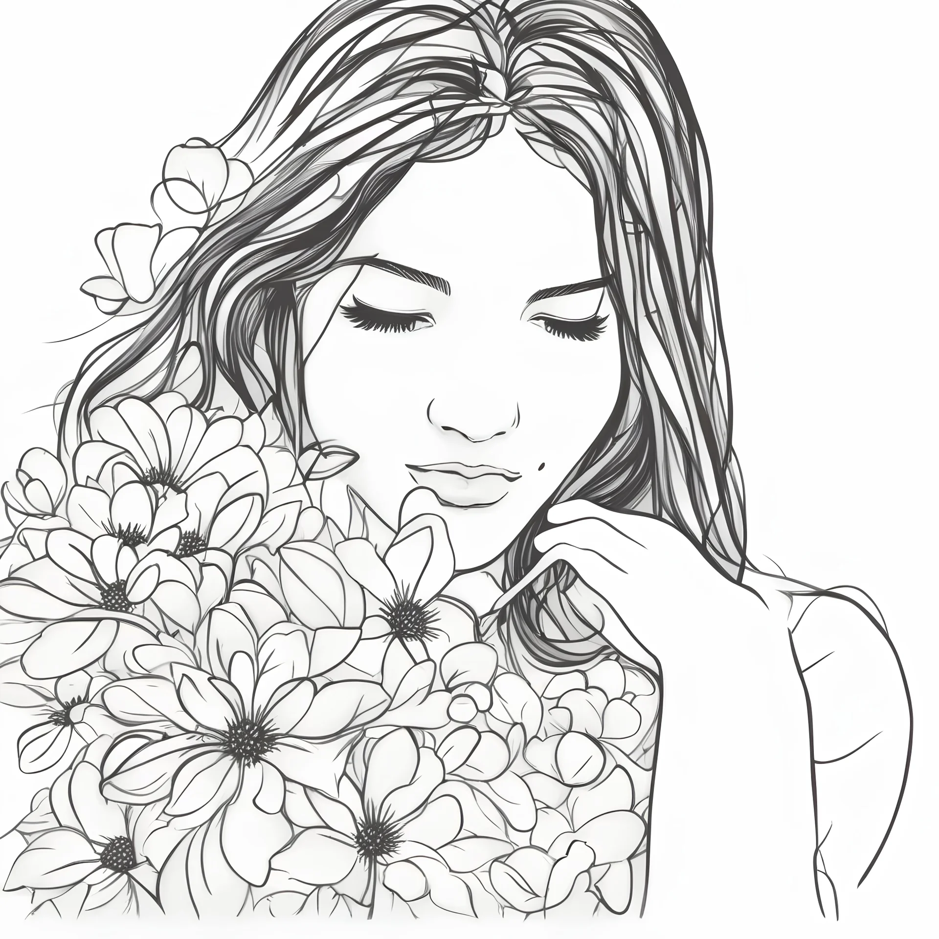 incomplete, haphazard line scribble, ephemeral clean outline art, with scribble handwritten "love", girl holding a flower, clip art