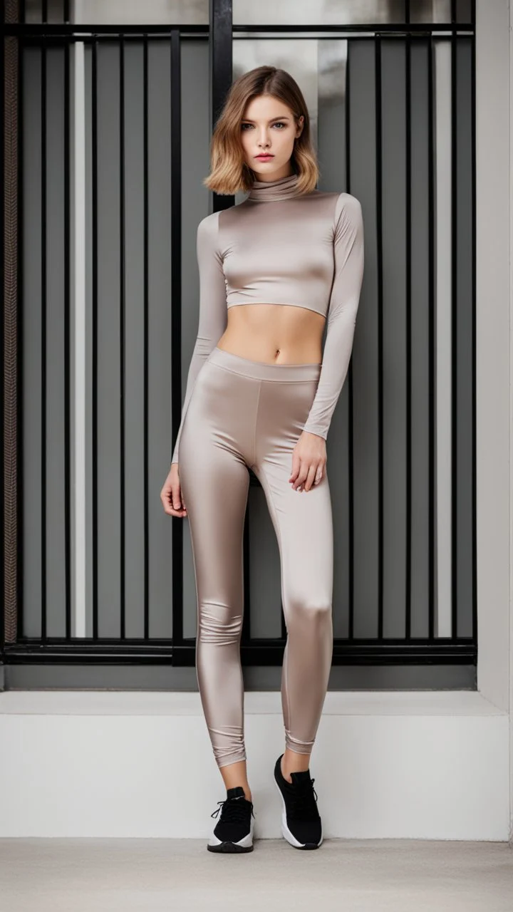 very thin body, satin leggins, lycra leggins, satin top, lycra top, short wavy bob haircut, teenage girl, thinner, thin body