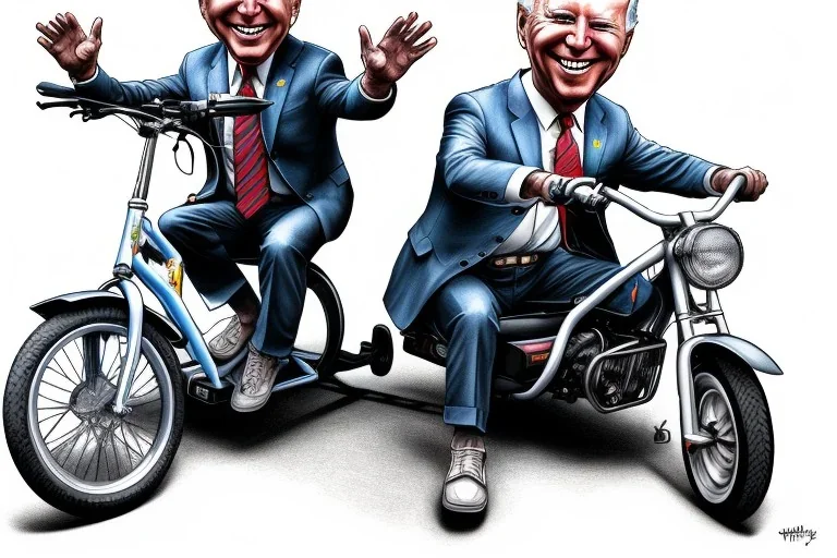 true-to-life pencil and color marker portrait of realistic joe biden riding a tricycle, with an extra set of carrying wheels and rollcage for safety, by kim jung gi