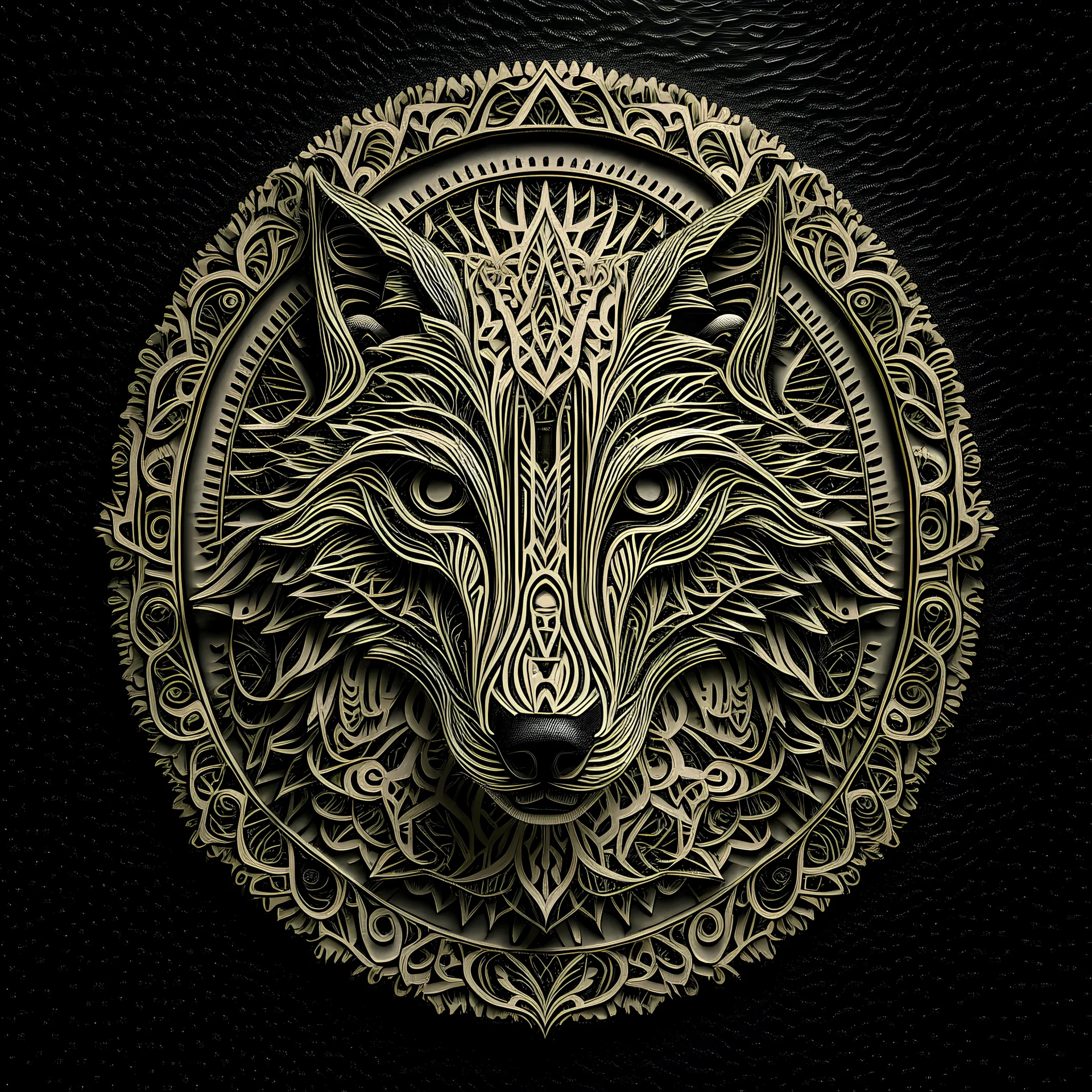 mandala wolf, highly detailed, 8k, center, creative, masterpiece, Accurate, anciant, Persian pattern, 3d lighting, paper cut