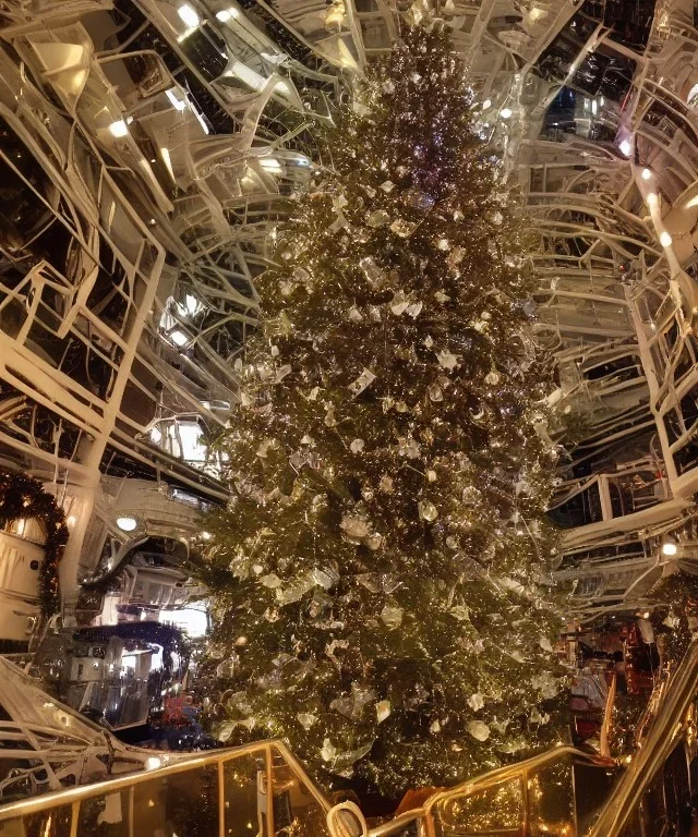 Christmas tree inside futuristic steampunk space ship