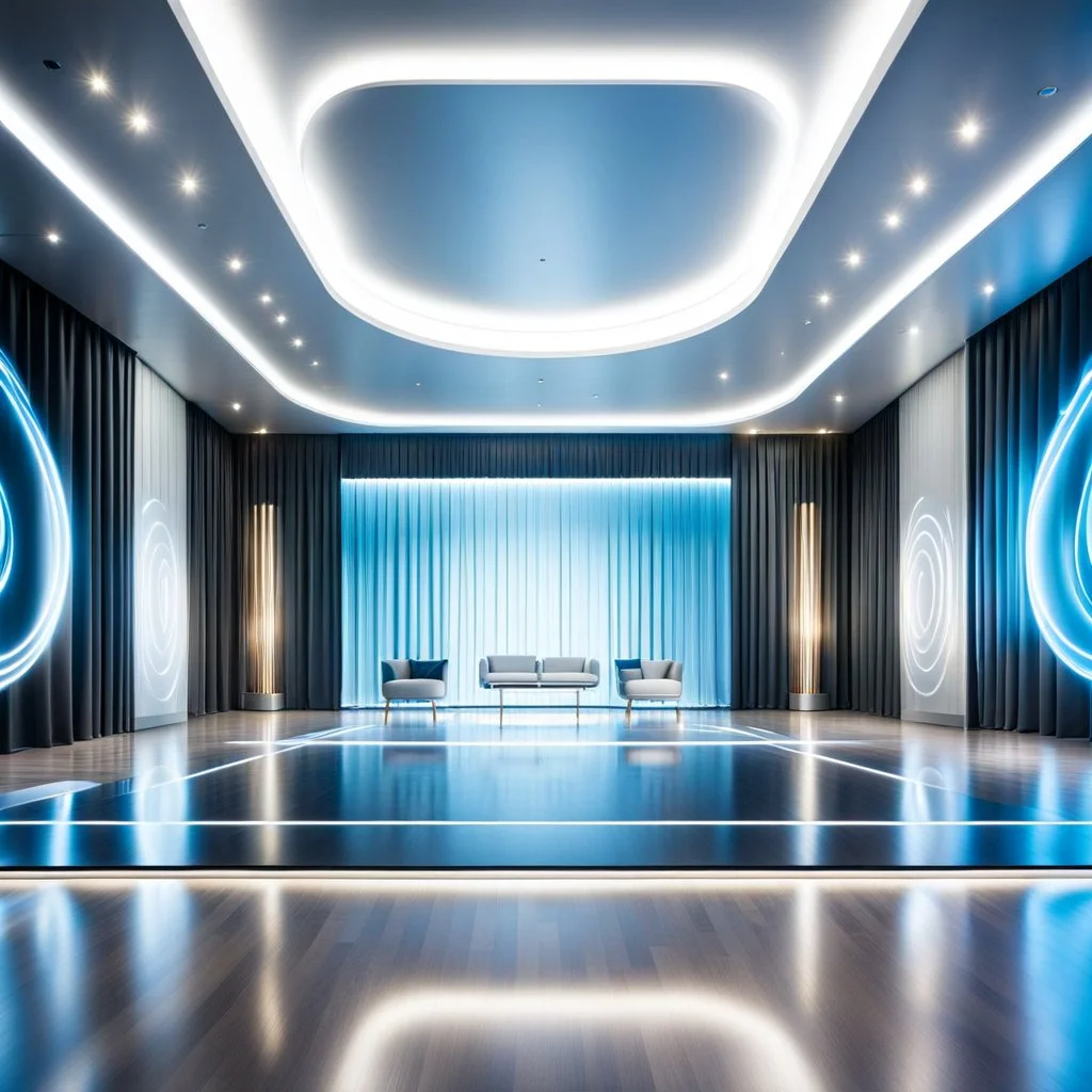 beautiful dance stage with no dancers in luxury modern hall dynamic lights, modern furniture light blue & gray theme