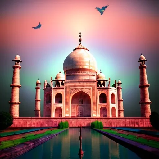 The Taj Mahal, Hindistan, sunset, rainbow sunset, fantasy art, flying birds, springs, waterfall