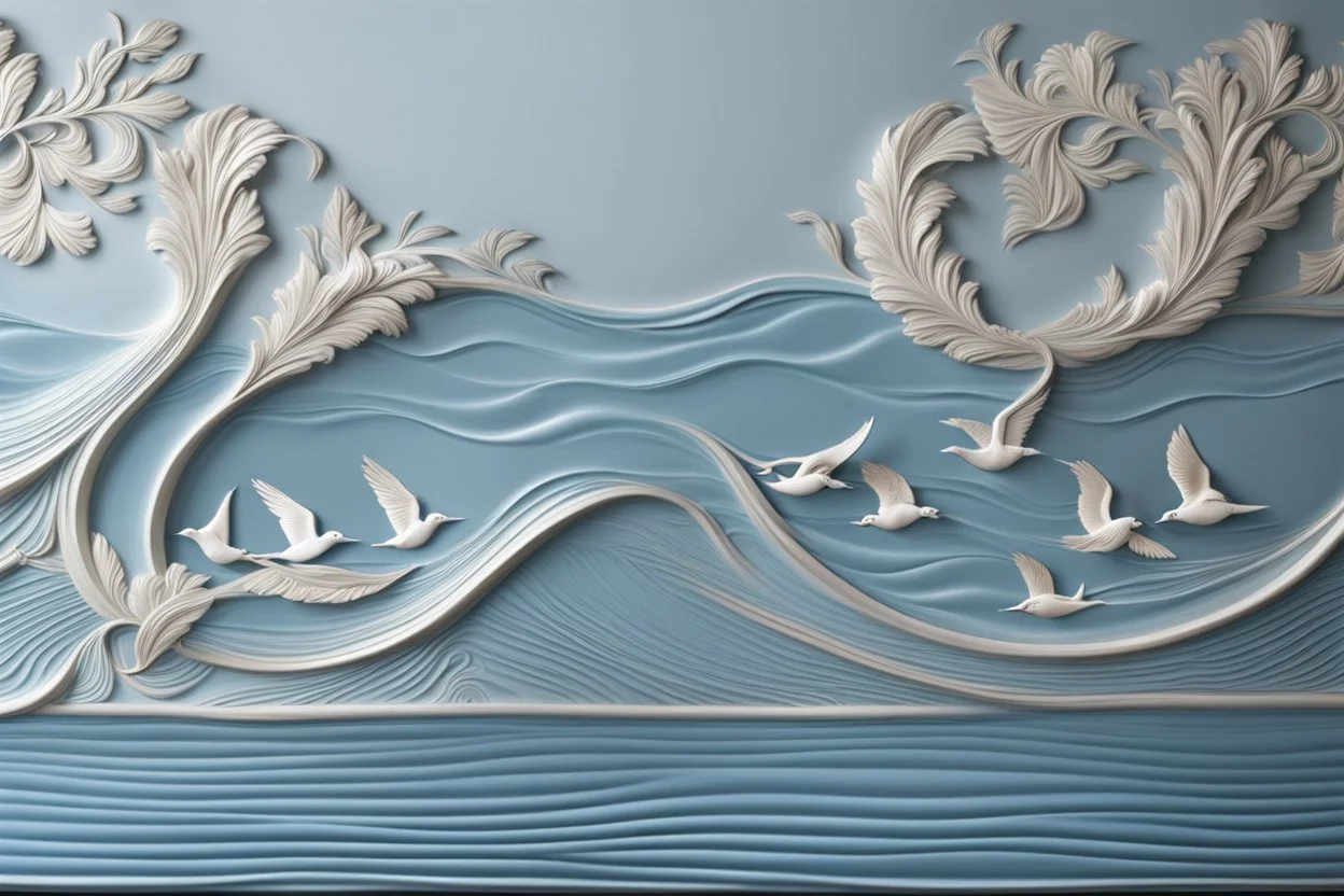 ((pale blue exquisite bas-relief art sea waves and birds on wall)) , with thin wavy lines decorative elements, work of art, intricate, vertical light, shadow, bas-relief art , masterpiece