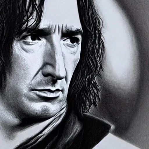 high-quality, fine-detail close-up pen and pencil sketch of young alan Rickman as Severus Snape, portrait, 8k resolution, intricate, digital art, detailed matte painting, photorealistic, volumetric lighting, Rafael Augusto, Juan Francisco Casas, Anne Dittman, Anne Stokes, greg rutowski