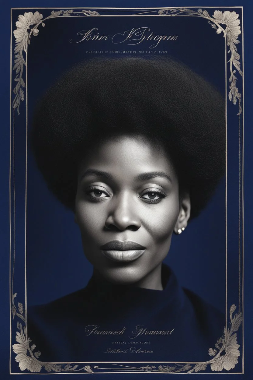 An extremely formal, funeral program written in French for a black woman (include a front photograph of a beautiful lightly tanned elderly biracial black woman) on darkest blue deeply pigmented velvet paper with brilliant, brightest heavy bright shining platinum calligraphy fonts, simple, minimalistic, less element, very dramatic lighting, brilliant colors,