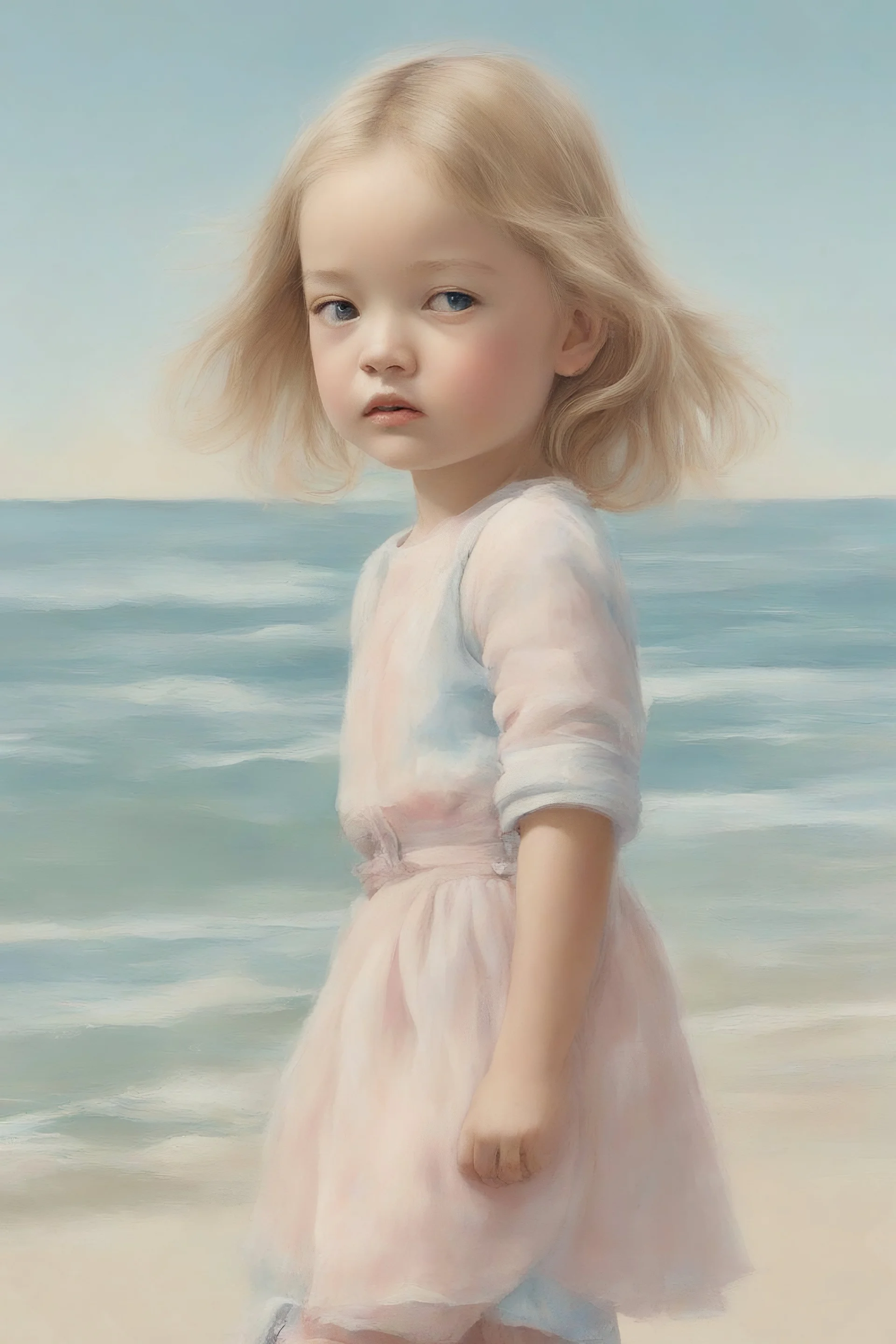 Illustration of model gemma ward as toddler,at the sea, style of Marcel Marlier, pastel colors