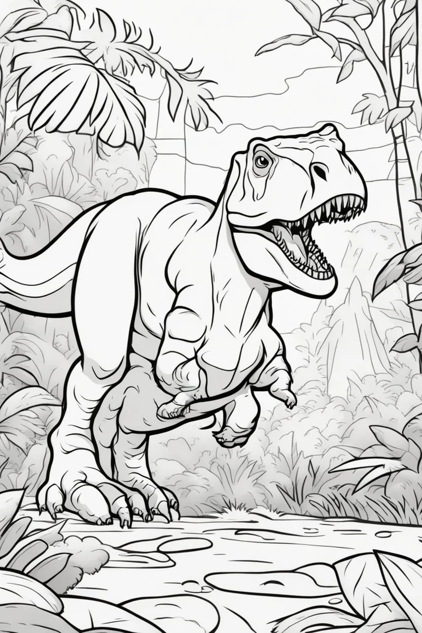 coloring page for kids, tyrannosaurus rex in jungle, cartoon style, thick lines, low details, no shading