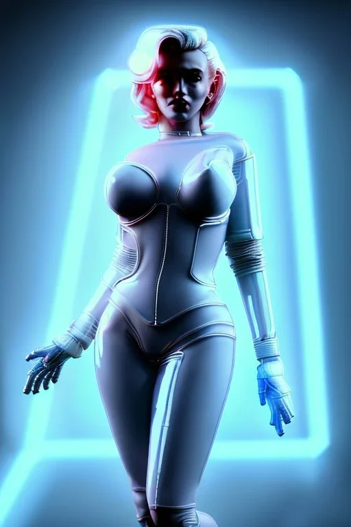 Ultra Realistic image, portrait, blonde woman, sweet Marylin Monroe face, perfect iris, glow eyes, glow makeup. Cyborg, Cyberpunk style, oversized transparent latex coat, yakuza tattoos body. fog, rain, soft color, highly detailed, unreal engine 5, ray tracing, RTX, lumen lighting, ultra detail, volumetric lighting, 3d, finely drawn, high definition, high resolution.