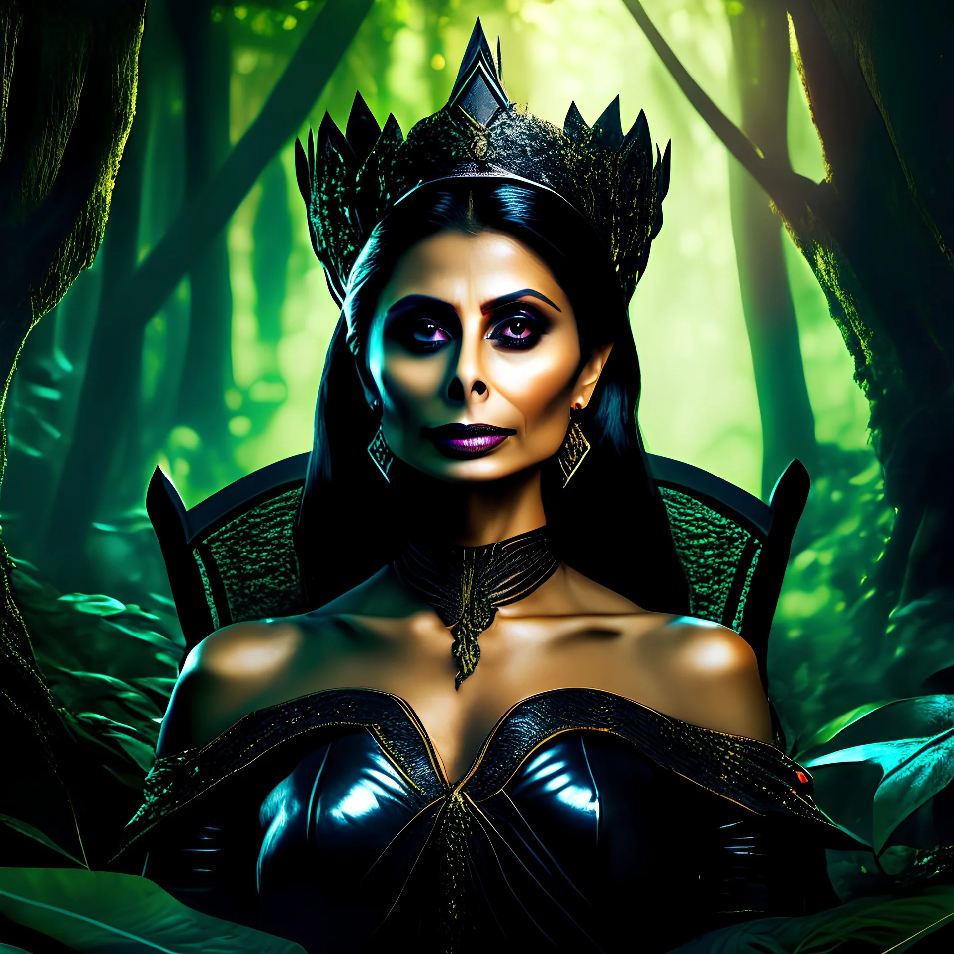 Morena Baccarin as a beautiful sexy dark elf queen seated elegantly on a throne in a mystical forest, dark celtic vignette frame, photo-realistic, cinematic lighting, award-winning photography