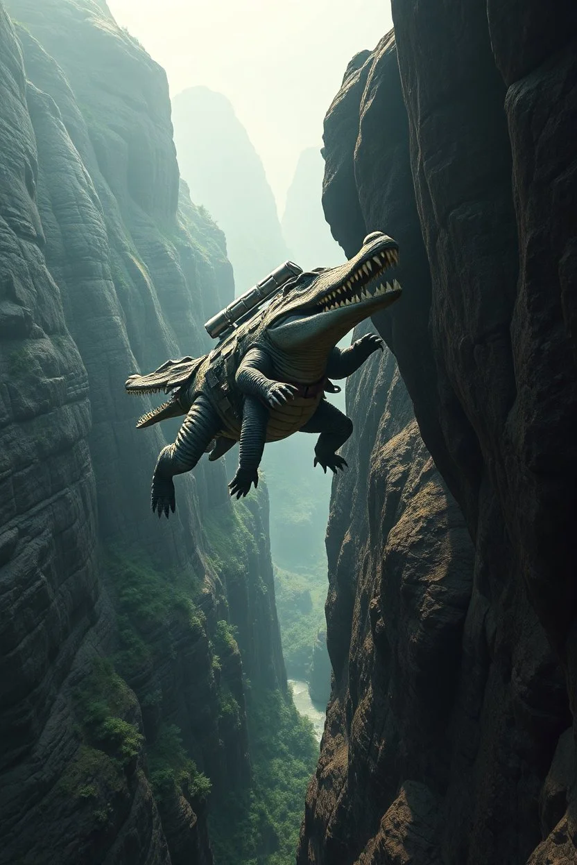 crocodile spaceship man huge paratrooper jumper jumping over cliff hang