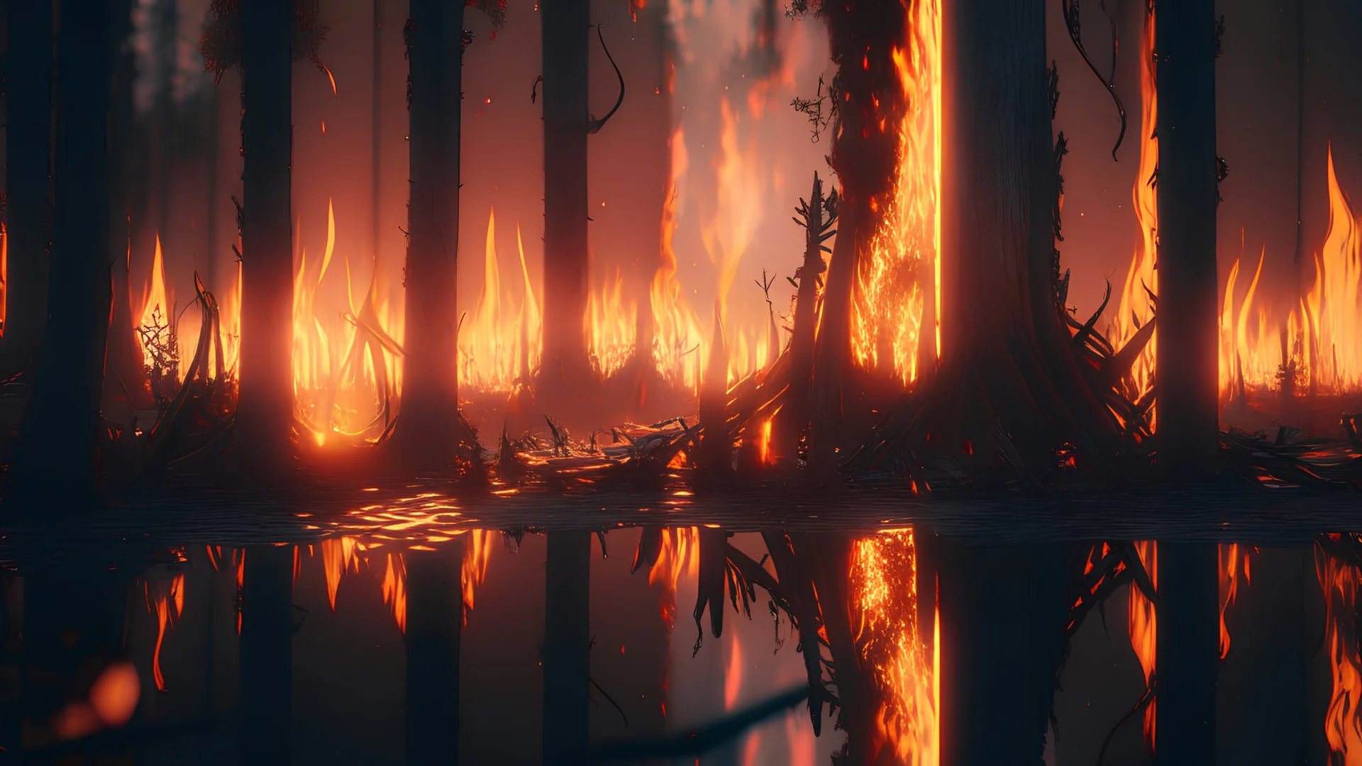 burning forest realistic, cyberpunk modern photorealistic, in the style of , Deviant art, sunlight, post-processing intricate details Octane elegant Unreal Engine cinematic fine details reflections