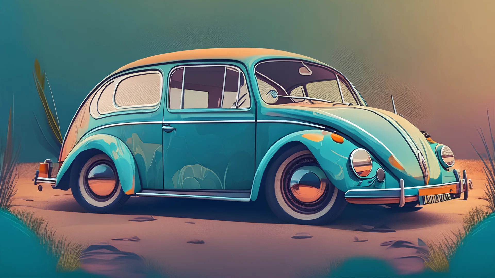 vintage volkswagen car 2d wallpapers for my pc, vector illustration, realistic, colour palette, photography, cinematic, 4k, ultra hd