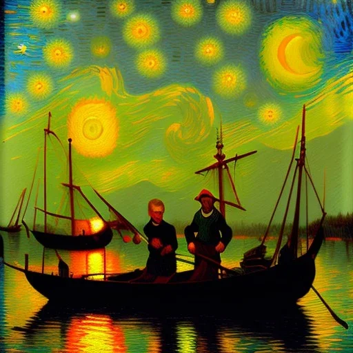 Portrait in oil of old fishermen , sunset, fantasy 8k by Van Gogh