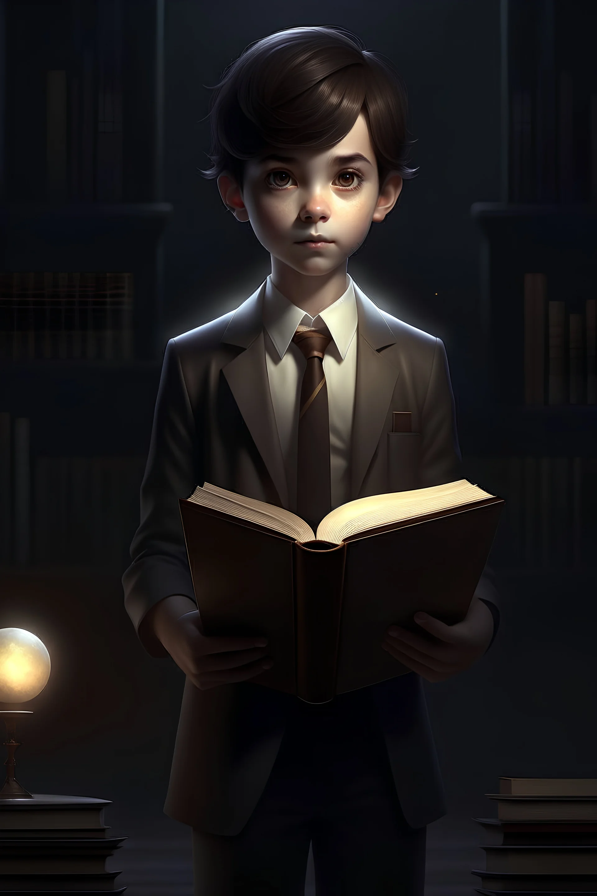 Digital art, high quality, digital masterpiece, natural illumination, spotlight, night, realistic, film style, beautiful, (full body:3), (1 cute boy standing, holding a book:3), (cute femenine face:1.8), (eyes:1.6), pale skin, (Male suit:1.5), (dark brown hair:1.8), (Library:1.8), (Dark tentacles at background:2)