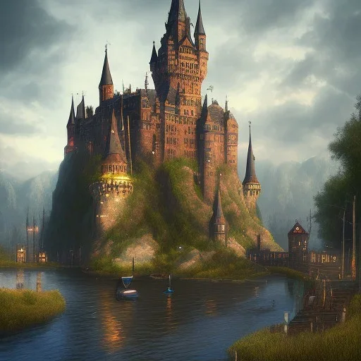 A magical gothic little town of witches with a castle and canals Nick Harris style