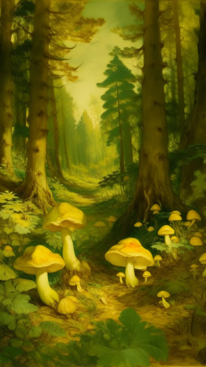 A light yellow forest with glowing mushrooms painted by Édouard Manet