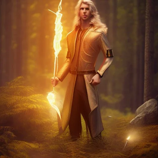 Male, Human, Blond, Sorcerer, Fire Mage, Golden Eyes, Young, Photorealism, Full Body Shot, Forest Background