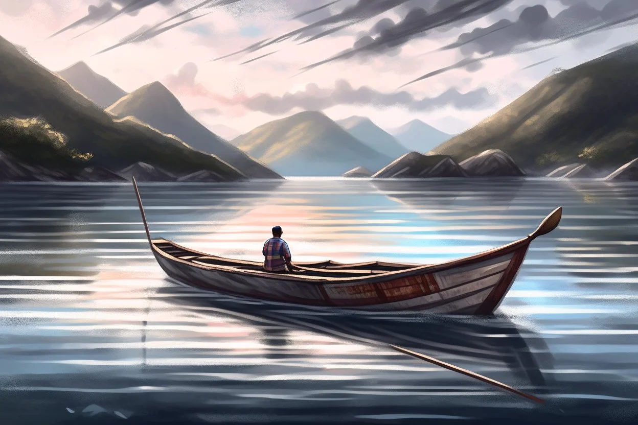 Fisherboat, realistic, colorfull, ocean, small boat, rowing boat, mountains, lake, fisher man