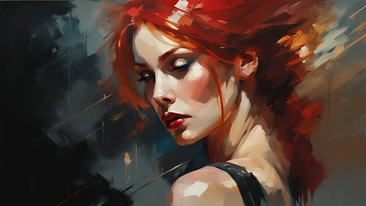 muscular russian woman 28yo with red hair, on a pinup poster : dark mysterious esoteric atmosphere :: digital matt painting with rough paint strokes by Jeremy Mann + Carne Griffiths + Leonid Afremov, black canvas