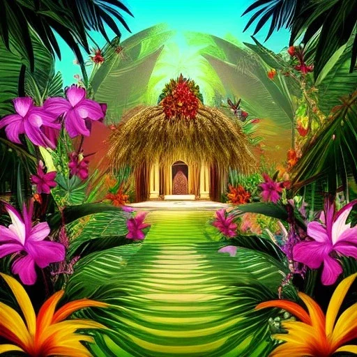  Tropical flowers, heart chamber, crystals, tropical leaves, Fantasy temple, Surreal landscape.