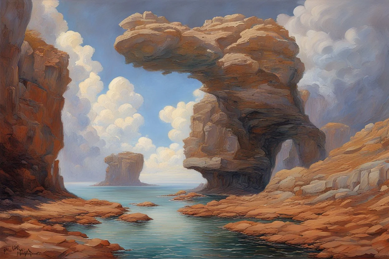 Clouds, rocks, cliffs, rocky land, sci-fi and fantasy, beyond and trascendent, 90's sci-fi movies influence, rodolphe wytsman impressionism paintings