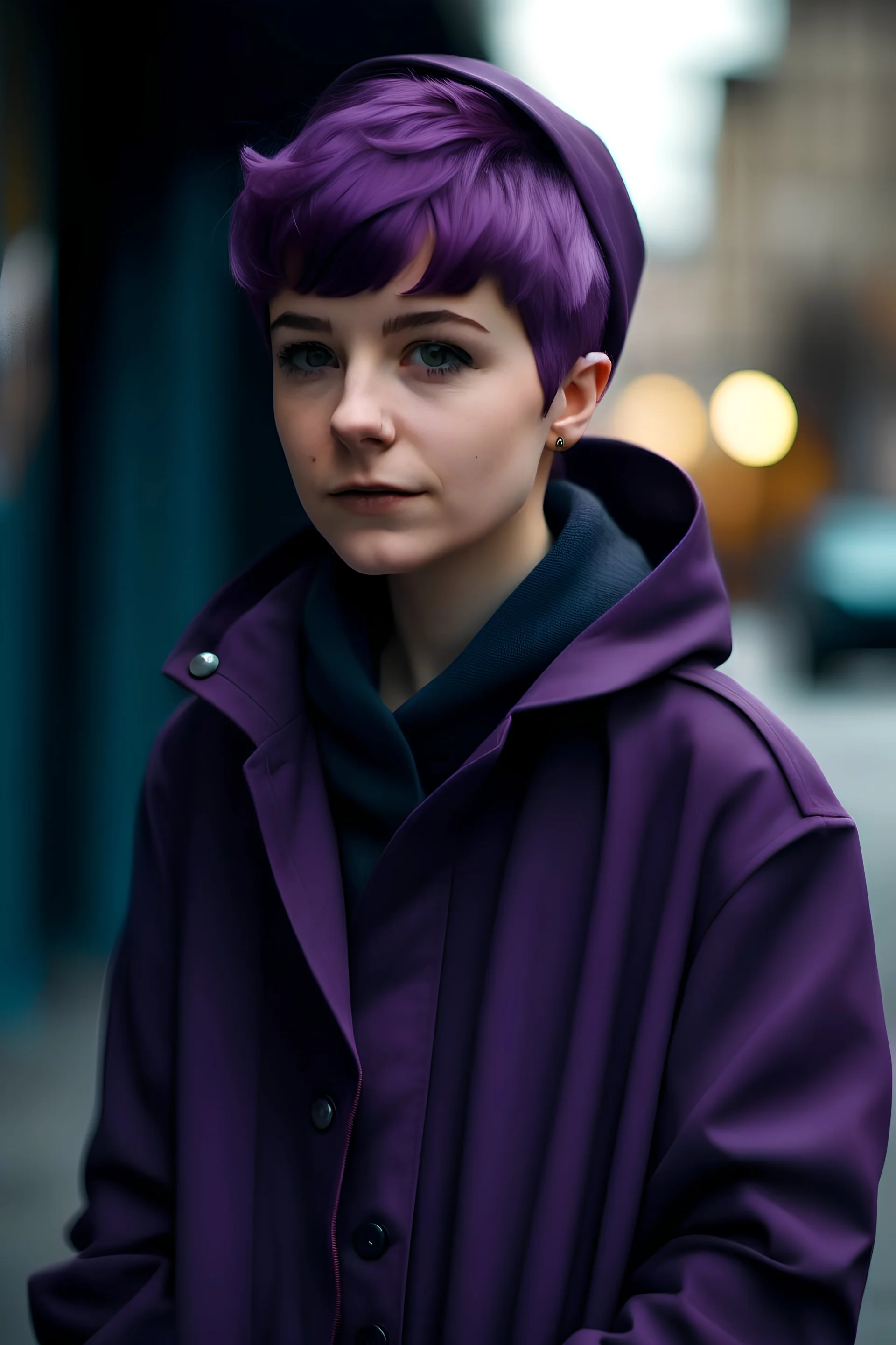 menina com um cabelo curto com um laco roxo grande na cabeca e roupa lilas