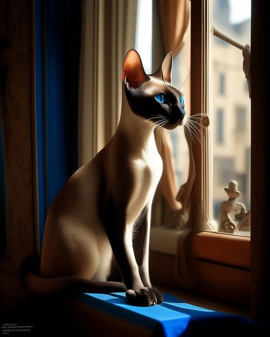 sleek Oriental Shorthair Siamese with rich chocolate point markings, its slender body poised elegantly on the narrow windowsill of an old, ornate apartment. The late afternoon sun casts golden streaks through the slightly parted curtains, illuminating the cat's almond-shaped, sapphire-blue eyes as it gazes intently at the bustling street below. Its large, bat-like ears twitch at distant sounds, while the delicate curve of its whip-like tail drapes over the edge of the sill. The window frame, wea