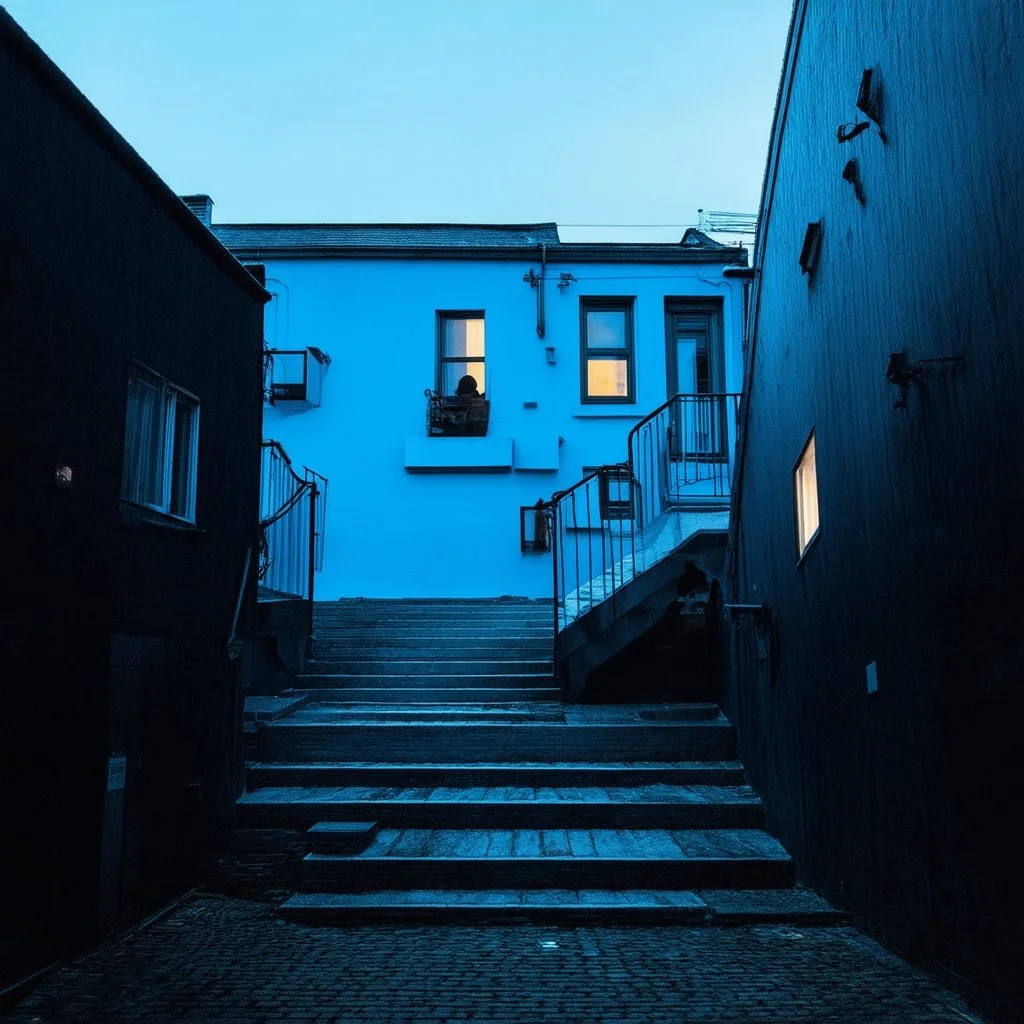 Fotografia di strada assurda e falsa orripilante blu weirdcore dai colori vivaci, liminalcore. Escher. Scale che scendono. Yves Tanguy. Non luogo falso, inusuale. Le case sono false e dipinte di nero chiaro con cose stilizzate e dettagli. Ci sono finestrelle false quadrate, che danno un senso distopico e molto surreale, disposte in modo casuale. L'atmosfera generale sembra noiosa e onirica, con un contrasto tra elementi reali ed elementi dipinti falsi, René Magritte, oddest things