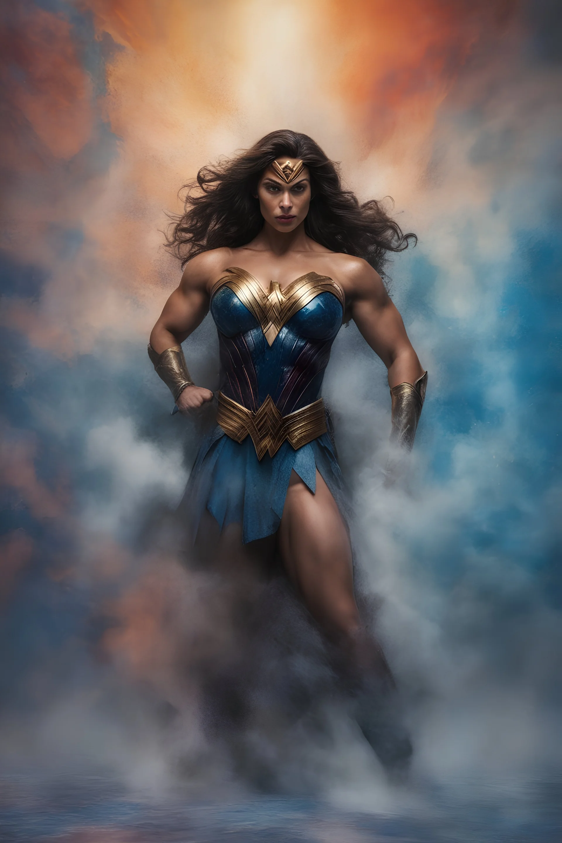 wonder woman extremely huge, overexaggerated muscles, posing and flexing in a front of the camera, random extreme action poses, an extremely colorful, multicolored foggy blue marble wall in the background with a colorful marble tile floor, multicolored lightning, realism engine,